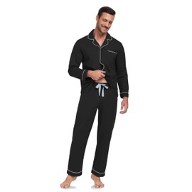 COLORFULLEAF Men's Long Pyjamas 100% Cotton Two-Piece Sleepwear Men's Pyjamas with Button Placket Loungewear, black