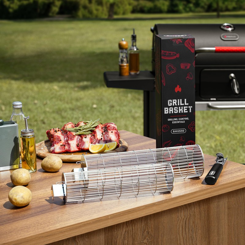 Rolling Grill Basket, New Opening Design, Extra Sturdy Cylinder Grilling