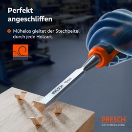Presch 12 mm Professional Chisel with 25° Wedge Angle, Perfectly Ground for Immediate Use, Robust Metal Impact Cap for Durable Use, Ergonomic Handle for Secure Hold