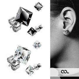 Cubic Zirconia Stud Earrings 925 Sterling Silver Square Women's Men's Earrings Black Clear, Silver