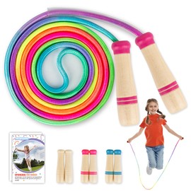 Children's Skipping Rope, Adjustable Rope Skipping for Fitness, 250 cm Jump Rope Children with Wooden Handle and Rainbow Skipping Rope, Skipping Rope Kids for Boys and Girls 4 5 6 7 8 9 10 Years (Pink)