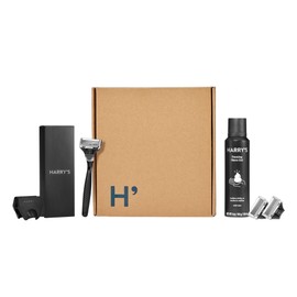 Harry's Shave Gift Set for Men — Black Metallic Handle + 3 Razor Blade Cartridges + Travel Blade Cover + 1 Foaming Shave Gel
