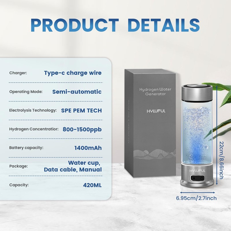 HYLUFUL Hydrogen Water Bottle Generator, 1500PPB Hydrogen Water Generator with