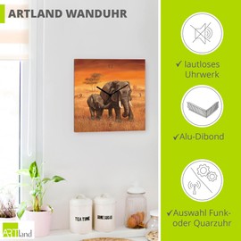 ARTLAND Wall Decoration Wall Clock without Ticking Noises Canvas Radio-Controlled Clock 30 x 30 cm Square Silent Africa Elephant Animals Safari Holiday Colonial Style T4JT