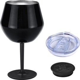 Siyaluens Stainless Steel Wine Tumbler with Detachable Stem, 14oz Insulated Wine Glasses with Lid & Anti-Slip Base, Multi-Functional Cup for Gift Party Outdoor Travel Home Use (Black)