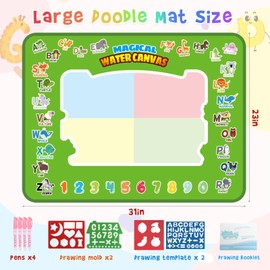 Alphabet Water Doodle Mat for Toddler, 80x60cm Drawing Mat Toys with 4 Doodle Pens and Drawing Templates, Reusable Water Painting Mats for Kids, Toddler Educational Toys for 2 Year Old Boy Gifts