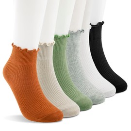 POMIJIAN Cotton Crew Socks Women Cute Ruffle Ankle Socks Ladies Thin Frilly Women's Sock Comfy Casual Dress Socks (CA/US, Alpha, One Size, Regular, Regular, C-6 Pairs Mixed Color-1)