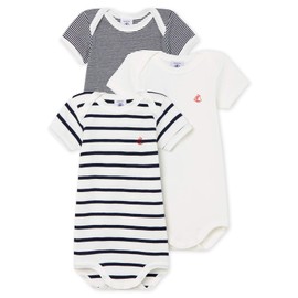 Petit Bateau Unisex Baby Bodysuit, Pack of 3, white, blue