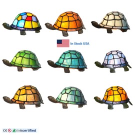 USA in Stock Tiffany Tortoise Night Light Stained Glass Decor Table Lamp for Children's Living Room Bedside Lamp with Bed DecorLamp Power(W): 25, Body color: OFU1190, Shade color: Multicolored
