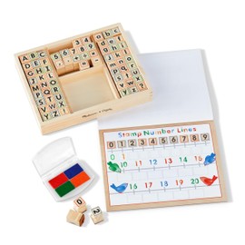 Melissa & Doug Deluxe Letters and Numbers Wooden Stamp Set ABCs 123s With Activity Book, 4-Color Stamp Pad - FSC Certified
