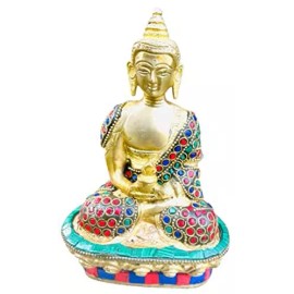 QT S Buddha Brass Statue Stone Finish Meditation Figurine Antique 7.5 in Tibetan