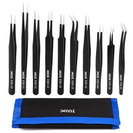 XOOL 10 Pcs Precision Tweezers, Extra Fine, ESD Anti-Static Stainless Steel, Tweezers for Clock, Model Making, Jewelry Setting, Electronic Repair with Storage Bag