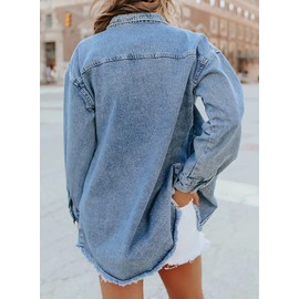 Dokotoo Women's Casual Boyfriend Oversized Lapel Button Up Long Sleeve Denim Trucker Jacket Distressed Ripped Denim Jackets Fray Hem Tassels Jean Jacket for Women with Pockets,US 4-6(S),Blue