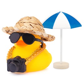 Wonuu Rubber Duck Car Ornaments Car Dashboard Decorations with Straw Hat, Blue Umbrella Camera