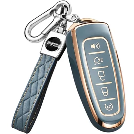 Key Fob Cover for Ford with Keychain Explorer Edge Expedition Flex Focus Taurus Lincoln MKS MKT MKX Premium Soft TPU Full Protection Case Holder (Grey)