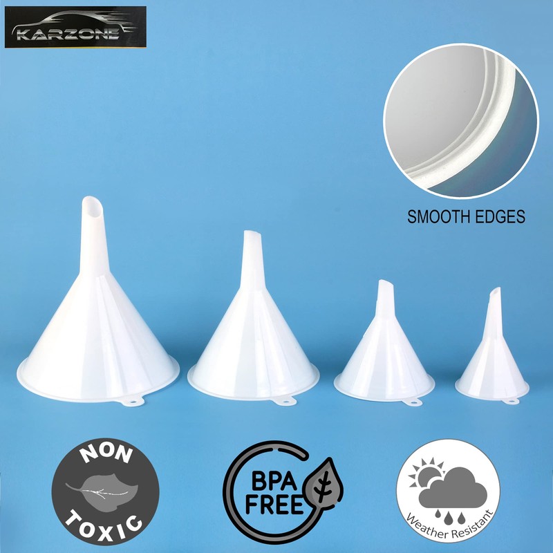 KarZone Kitchen Funnels - Set of 4 Plastic Flask Funnels