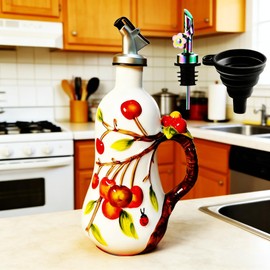 18 oz Hand-Painted Ceramic Relief Olive Oil Bottle Dispenser, with Handle Decorative Olive Oil Dispenser Bottle, Kitchen Ceramic Oil Vinegar Bottle Seasoning Bottle with Stainless Steel Spout & Funnel
