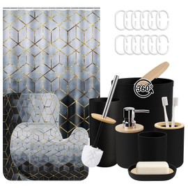 Tayney Geometric Gradient Blue Black Bathroom Decor and Accessories Set, Shower Curtain and Rug Set with Trash Can, Soap Dispenser, Soap Dish, Toothbrush Holder, Toothbrush Cup, Toilet Brush