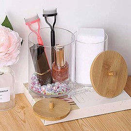 Atelierate Cotton Swab Pads Holder with Bamboo Lids, Acrylic Qtip Holder Ball Dispenser Cotton Round Pad