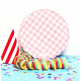 HEIPINIUYE 50 Pieces Light Pink Gingham Paper Plates 7 Inch Baby Pink and White Scalloped Plates Disposable Dinner Plate for Wedding Baby Shower Birthday Party Checkered Dessert Plate