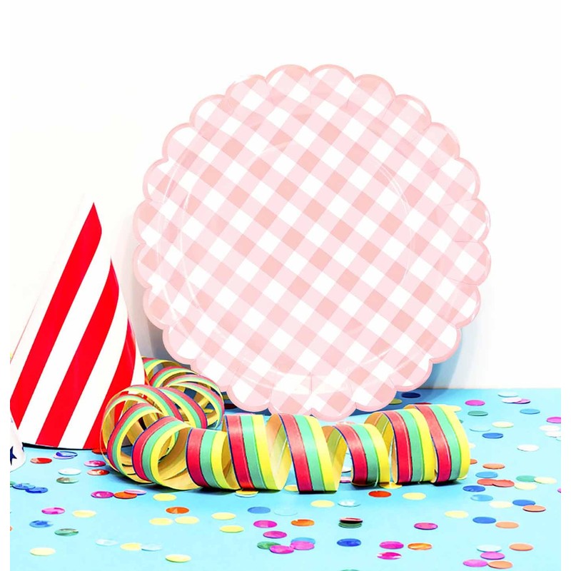 HEIPINIUYE 50 Pieces Light Pink Gingham Paper Plates 7 Inch