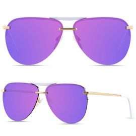 ANDWOOD Aviator Sunglasses Womens Oversized Big Rimless Double Bridge Pilot Sun Glasses Mirrored Purple Metal Shades