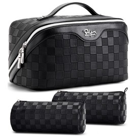 BOYATU Travel Makeup Bag Organizer Cosmetic Bag: 3 Pcs Set Make up Bags for Women with Handle - Waterproof Vegan Leather Toiletry Bags Travel Essentials Pouch with Compartments (F-01-Black)