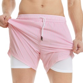 MaaMgic 5" Mens Swim Shorts with Compression Liner 4-Way Stretch Bathing Suit Swimming Shorts with Pockets,Pink White Stripes,M