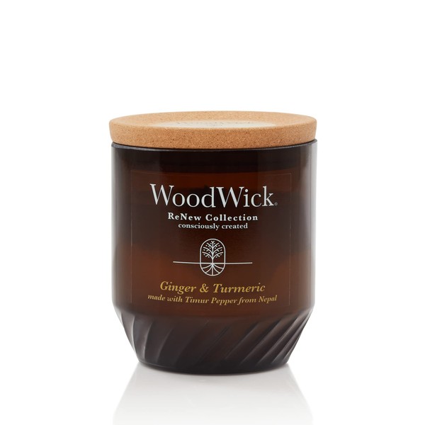 WoodWick® Renew Medium Candle, Ginger & Turmeric Scented Candles, 6oz, Made with Upcycled Materials and Essential Oils, Up to 55 Hours of Burn Time