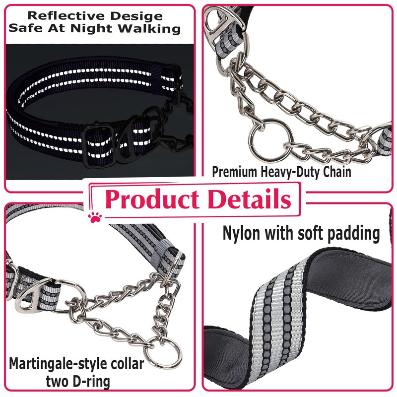 Martingale Collar with Steel Chain,Reflective Nylon Dog Collar with Soft