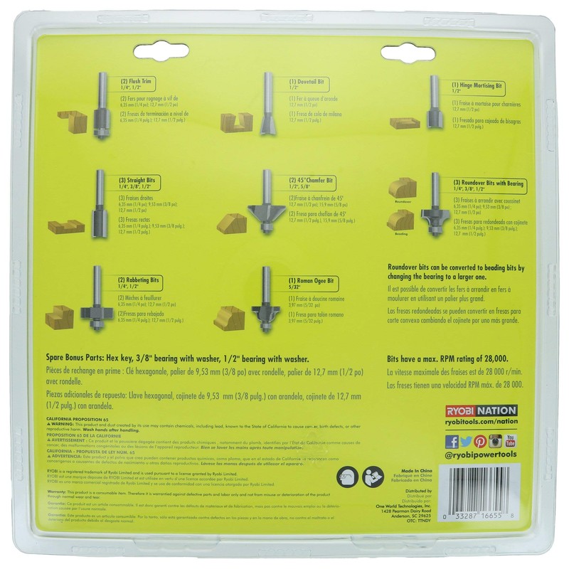 Ryobi A25R151 15 Piece 1/4 Inch Shank Carbide Edge Router