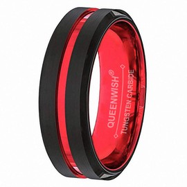 QUEENWISH 8mm Red&Black Tungsten Carbide Ring Mens Two Tone Wedding Bands Groove Beveled Edge Brushed Engagement Couples Rings Size 12