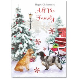 doodlecards To All The Family Christmas Card Two Dogs in Snow Medium Size Christmas Card for To All The Family with Plain Envelope