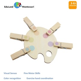 EduLand Montessori Practical Life Exercice Pincer Grasp | Sensorial Materials Set for Ages 2-6 Years, Wooden Palette with Colored Circles Clothespin Matching Clips, Montessori pincer Pinning