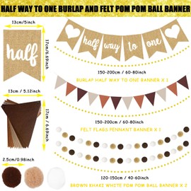 Half Way to One Banner, 4 Pcs 1/2 Birthday Decorations Burlap Pennant and Felt Brown Cream Beige Bunting with Pom Pom Ball Garland 6 Months Photoshoot Props for Neutral Baby Boy Girl Boho Party Favor