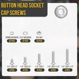 DTGN 128Pcs 1/4-20x1/2" to 1-1/2" Button Head Socket Cap Screws - 304 Stainless Steel Bolt Nut Set Washer Assortment Kit - Good for Road Bicycle, Mountain Bike, Auto