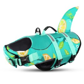 Queenmore Dog Life Jacket with Rescue Handle - Adjustable Reflective Dog Vest for Swimming, Medium Dog, Green Print M