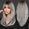 7JHH WIGS Grey Ombre Layered Wig with Curtain Bangs Long