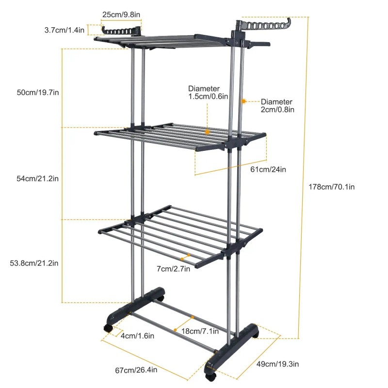 Dual Side Wings Rolling Collapsible Clothes Drying Rack Laundry Dryer