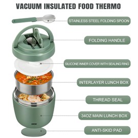 Itslife Thermal Food Container 970 ml, Thermal Bowl with Lid, Stainless Steel Warming Container with Spoon, Thermos Flask Food Leak-Proof, Thermal Lunch Box for Soups, Baby Food, Porridge, Green