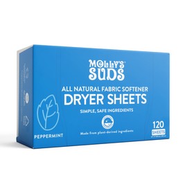 Molly's Suds Fabric Softener Dryer Sheets for Sensitive Skin | Plant-Based Static Reducer, Plastic-Free Packaging | Peppermint (120 Sheets)