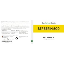 Pro Natural Health Berberin 500 mg (180 Kapseln) - Made in Germany - vegan - hochdosiert 97% Berberin HCl - natürliches Nahrungsergänzungsmittel Berberin Pulver Wurzelextrakt aus der Berberis Aristata Pflanze