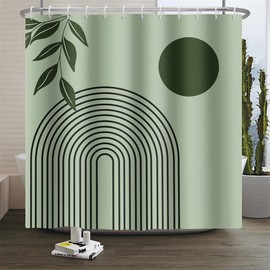 Xiaoterna Boho Shower Curtain Modern Abstract Art Green Leaves Sun Line Bathroom Curtain Rustic Spring Floral Sage Green Waterproof Machine Washable Fabric Shower Curtain with Hooks 120x180cm