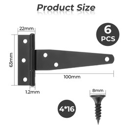 Pack of 6 T-Hinges Heavy Duty Hinges Foldable 100 mm Door Hinge with 36 Pieces Screws Garden Gate Hinge Triangle Hinges for Wooden Doors, Garden Gate, Shed Doors, Windows