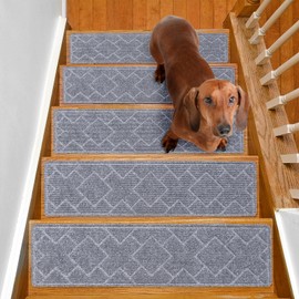 SMILOOL Stair Treads Non Slip for Wooden Steps Indoor 15 Pack 8" x 30" Stair Tread Carpet Stairs Runner, Step Pads with Reusable Adhesive for Dogs Kids Elders, Machine Washable, Light Grey