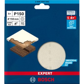 Bosch 5x EXPERT M480 Sanding Net (for Paint on wood, Hardwood, Ø 150 mm, Grit 150, Professional Accessory Random Orbital Sander, Orbital Sander)
