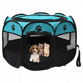 Dog playpen, Foldable Puppy Playpen, Pet Playpen Carrier Pop Up Tent 8-Panel Mesh Cover Adorable Design 600D Soft Oxford Playpen Kennel for Indoor-Outdoor Dog Cat Rabbit. (S 28" * 28" * 18", Blue)