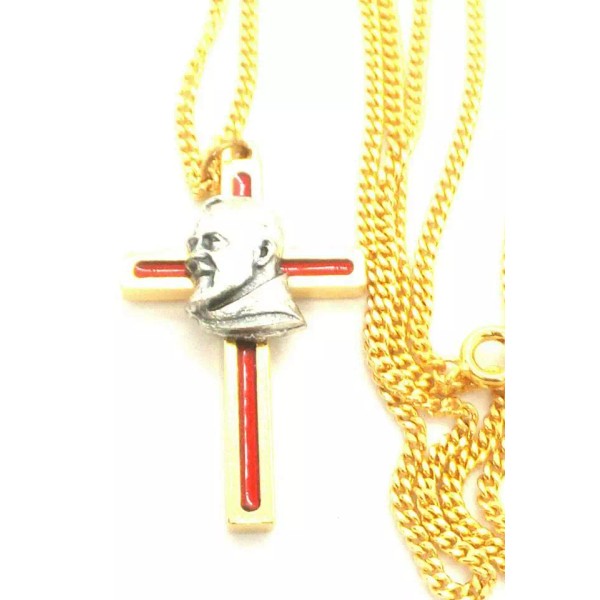 Padre Pio Red Cross Necklace Stamped Made in Italy