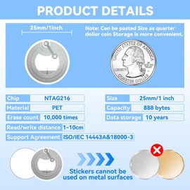 100pcs NTAG216 NFC Blank Tags 216 NFC Stickers NFC chip RFID Stickers White NFC for Metal Writable and Programmable, 888 Bytes Memory, Compatible with All NFC Enabled Devices.