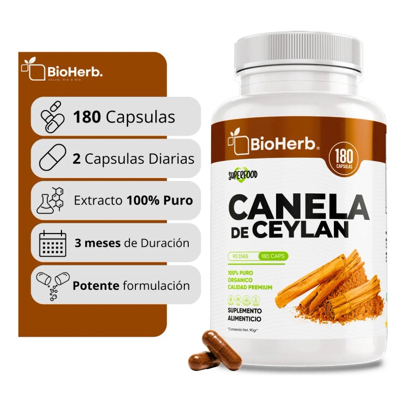 Bioherb Canela Ceylán 100 Pura Certificada Origen 180 Cápsulas Alta